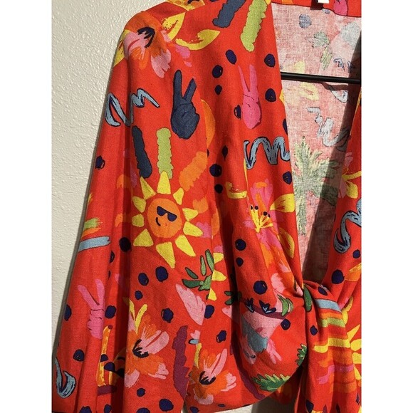 Maison d' Amelie Paris Women’s Small Funky Print Tie Front Linen Crop Top Blouse - Picture 2 of 5